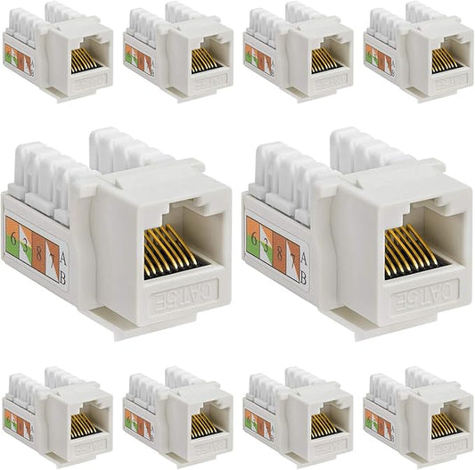 Cmple - Cat5 Keystone Jack 10-Pack 1Gbps RJ45 Keystone Jack 90° Degree Punch Down for RJ45 Connectors, Patch Panel and Wall Plate in White