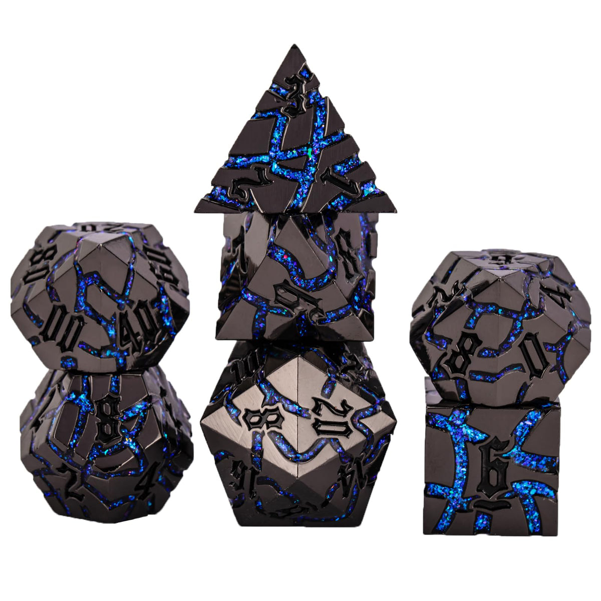 Maywin Cracked Rune Metal Dice Set for DND & RPG – Dark Fantasy Fractured Design, Premium Heavy Metal Polyhedral Dice with Deep Engraved Numbers, 7-Piece Set – Blue Arcane Vein