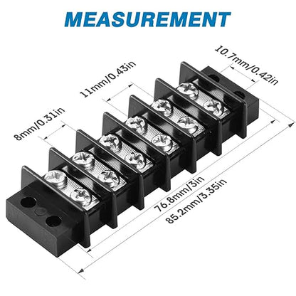 GLOSO Terminal Blocks Double Row Stainless 11 mm Pitch TBC, Marine Grade, 12-22 AWG Cu, 25A/300V - 1 Pack, 6 Poles
