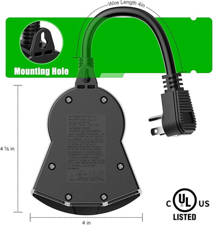 Outdoor Light Timer Waterproof, 24 Hours Plug in Timer with 2, 4, 6 or 8 Hours Countdown Mode, 3 Grounded Dusk to Dawn Electrical Outlet for Outdoor Backyard Garden Patio Lights Christmas Decorations