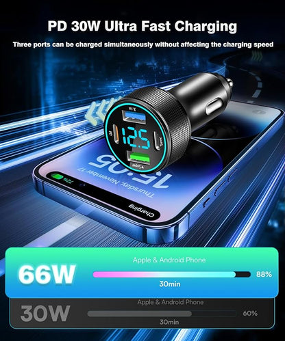 2 Packs of 66W USB C Car Charger 4 Port Car Charger Adapter with 30W PD, 3.1A Aluminium Alloy Car Cigarette Lighter USB Charger with LED Voltmeter Compatible with Phone 15 14 13