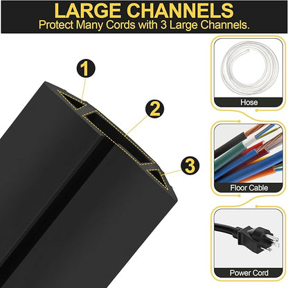 MYFAMIREA 6.5FT Floor Cord Cover Heavy Duty Cable Cover Protector 3 Channels Extension PVC Floor Wire Cover Outdoor Cord Hider Management Cord Cover for Wire on Floor for Home Office Outdoor, Black