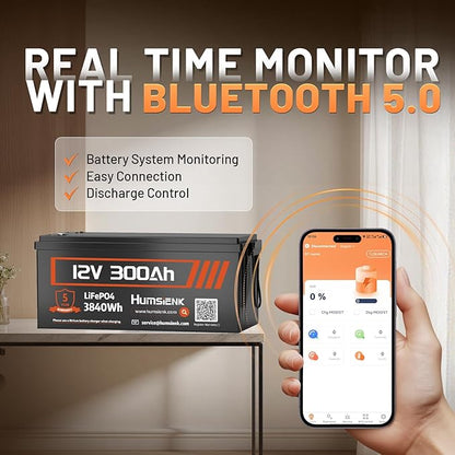 Bluetooth 12V 300Ah Battery LiFePO4 Lithium Built-in 100A BMS, 15000 Deep Cycles Battery 3840Wh with Low-Temp Protection for RV Marine Trolling Motor Home Energy Storage Off-Grid Living, 4 PACK