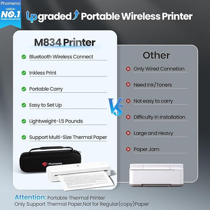 Phomemo Portable Printers Wireless for Travel [Upgraded],M834 Bluetooth Thermal Printer 8.5" x 11"& A4 Size,Inkless Mobile Printer with Carry Case for Travel,Office,School,Car,Home,White