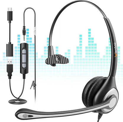 Wantek Computer Headset with Microphone for PC,Laptop,USB Headset with Noise Cancelling & Audio Controls,Computer Headphones for Call Center,Work,Ofiice,Mono