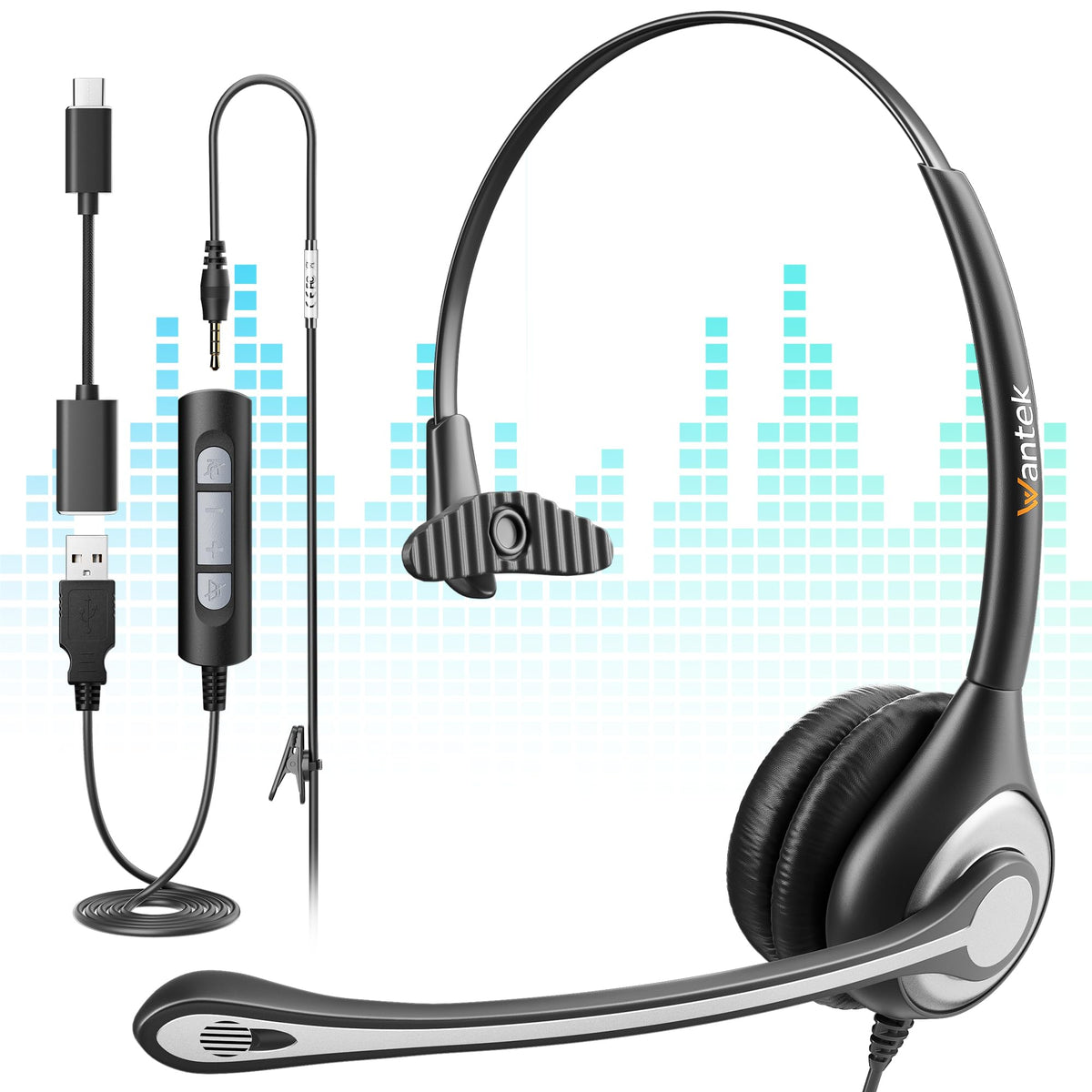Wantek 3-in-1 USB/3.5mm/Type-C Headset with Noise Canceling Mic, Mono Computer Headphones with in-Line Controls for PC, Laptop, Office