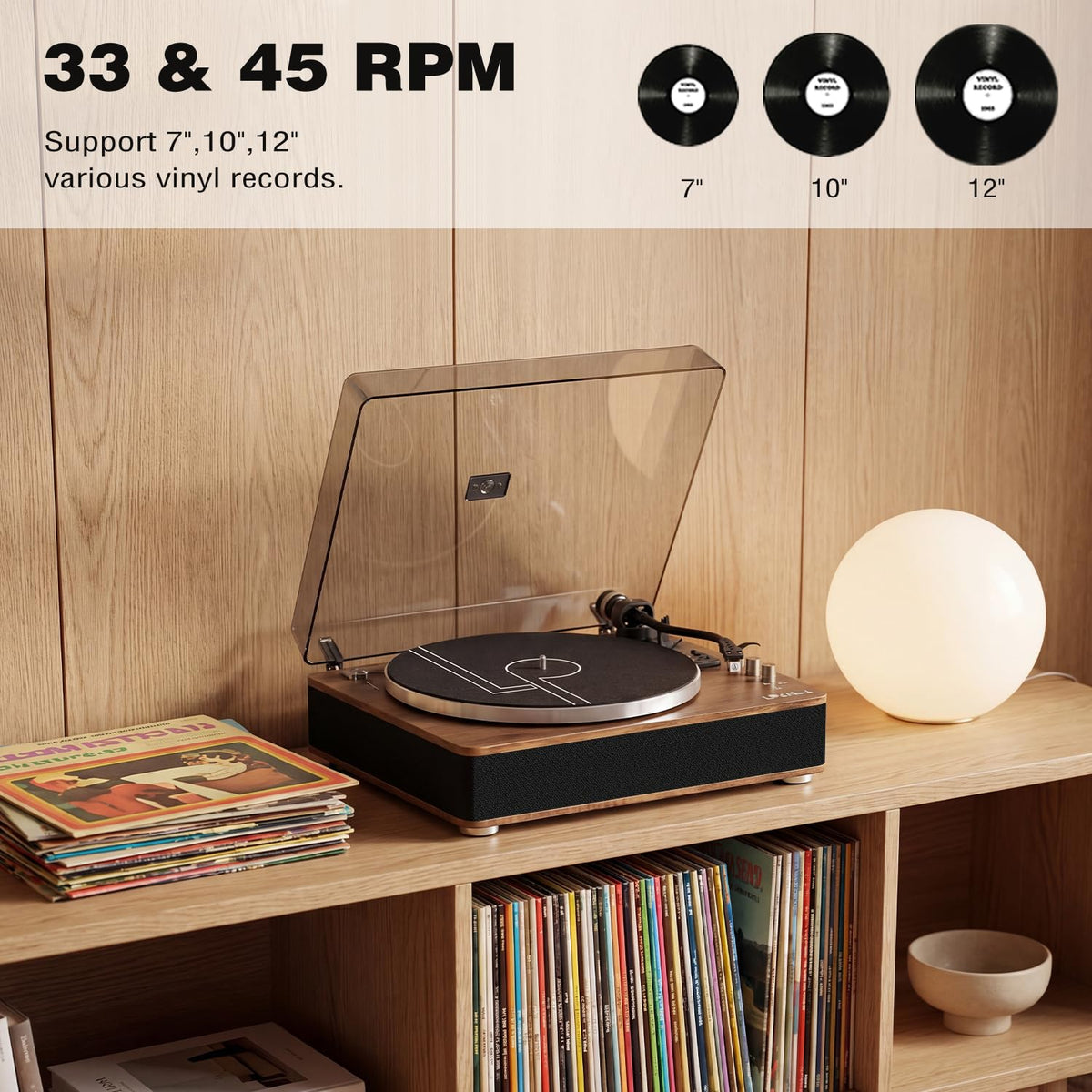 LP&No.1 Vinyl Record Players, Bluetooth Turntable with Built-in Speakers & Phono Preamp, High Fidelity Belt Drive 33/45 RPM with Magnetic Cartridge, USB Recording & Playback, Pitch Control, Auto Off