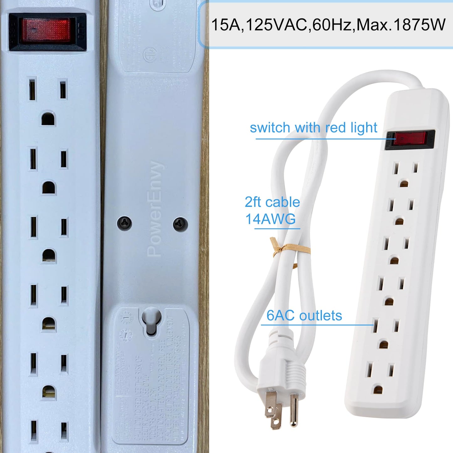 PowerEnvy 6-Outlet Surge Protector 2pk – 250 Joules, 2ft Cord, 15A/125V, 1875W Max – Right Angle Plug, Black – Home, Office, & Electronics Protection