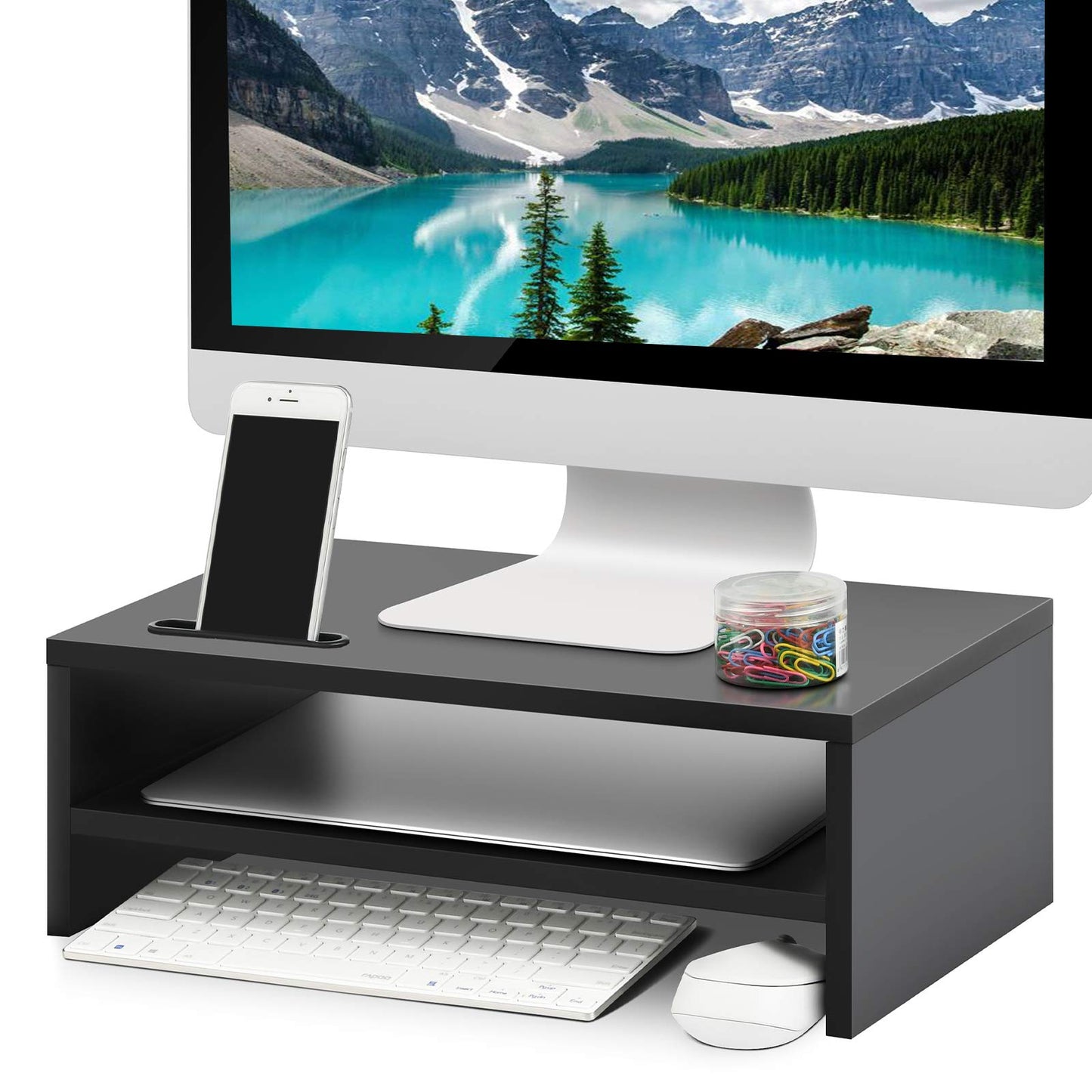 Marbrasse Monitor Stand Riser, 2 Pack 16.5 Inch 2 Tier Computer Monitor Stand, Printer Shelf Stand for Laptop Computer Screen Storagek,Desktop Stand with Phone Holder and Cable Management