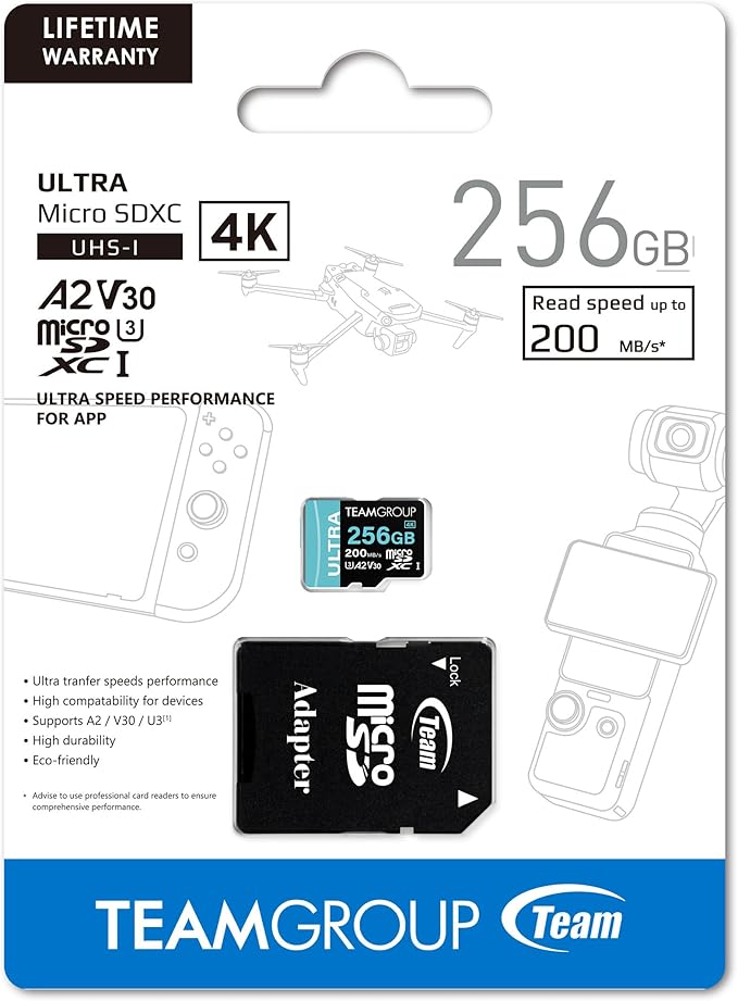 TEAMGROUP A2 Ultra Card 256GB Micro SDXC UHS-I U3 A2 V30, R/W up to 200/150 MB/s with Adapter TULMSDX256GIA2V3022503