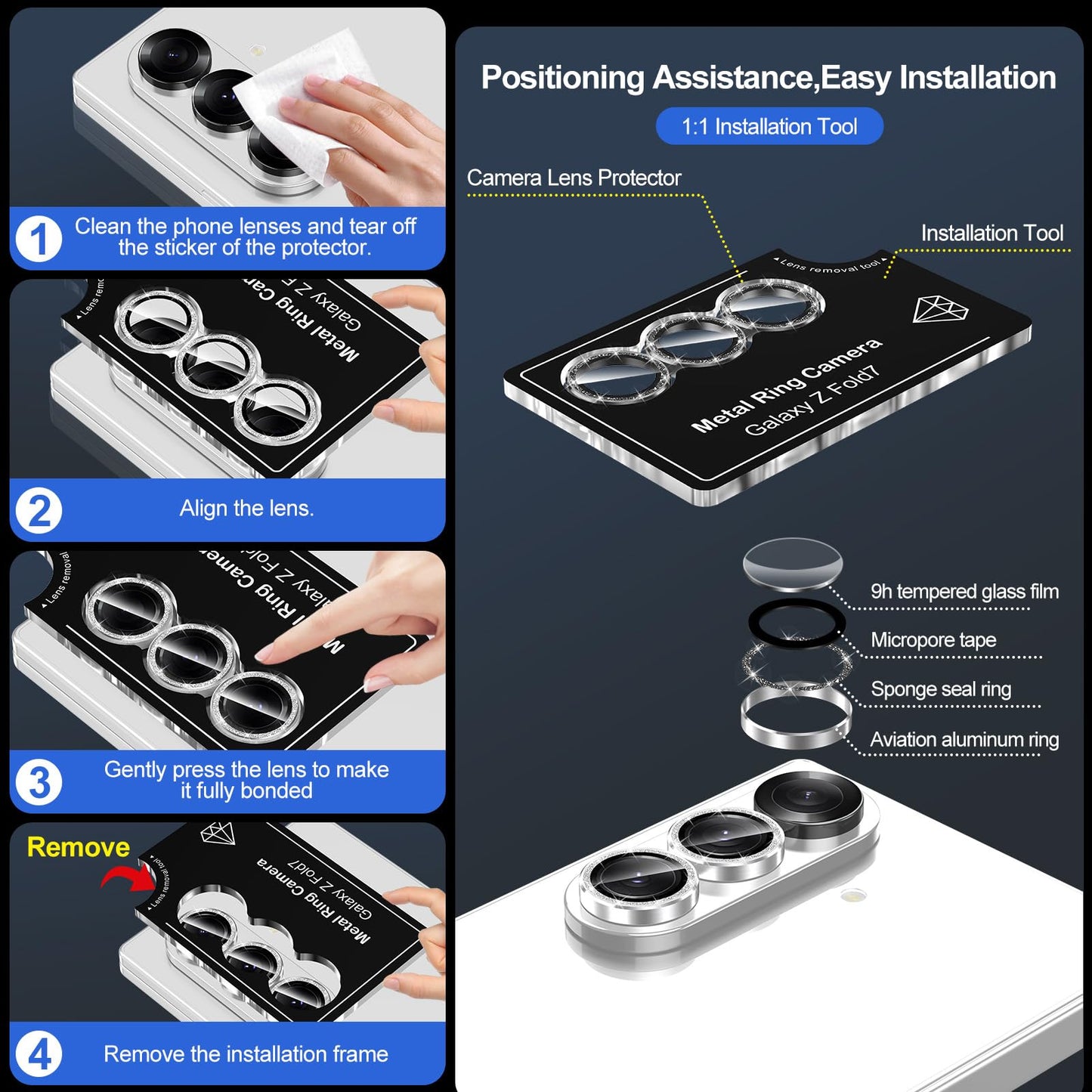 Avocase for Samsung Galaxy Z Fold 7 Camera Lens Protector, Individual Metal Ring Tempered Glass Lens Cover, [Strong Adsorption] Scratch Resistant Ultra-Thin HD Clear Lens Cover, 1 Set-Black Sparkly