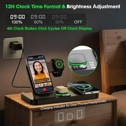 Dual Phone Wireless Charging Station for Apple Devices, Magnetic Charging Station for iPhone with Auto Switch 7-Color Light&Clock, Family Watch Charger for iPhone17 for iWatch10 for AirPods Pro3(Black