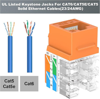 VCE UL Listed Cat6 RJ45 Keystone Jack Insert 25-Pack, 90 Degree Punch Down Keystone Jack Adapter Slim Profile Orange