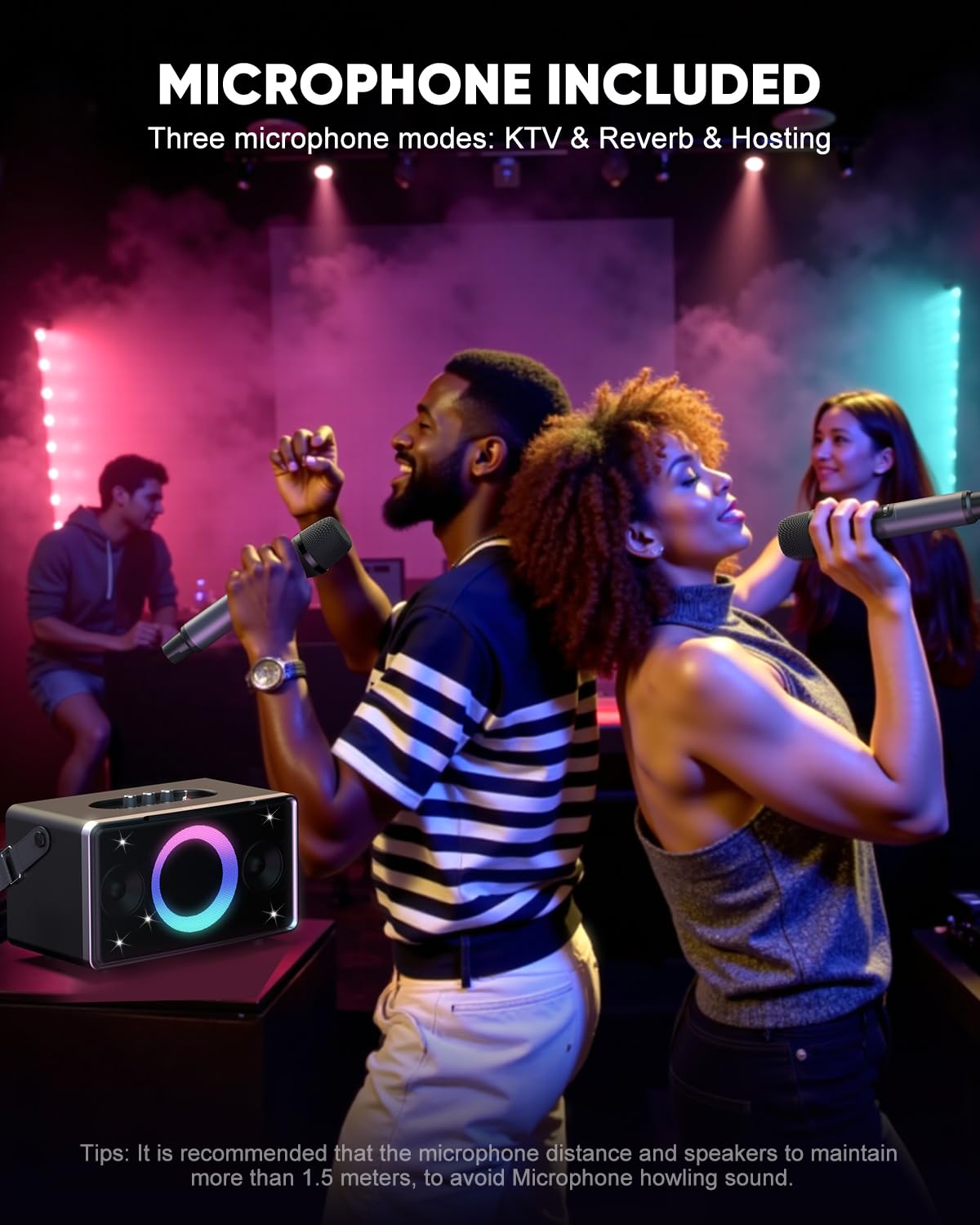 GFEEN Karaoke Machine for Adults, 100W Portable Speaker with Bluetooth and Wireless Microphone, Bass/Treble Adjustment, 6 DJ Lights, USB/AUX for Home Party, Outdoor, Backyard(Silver with 2Mic)