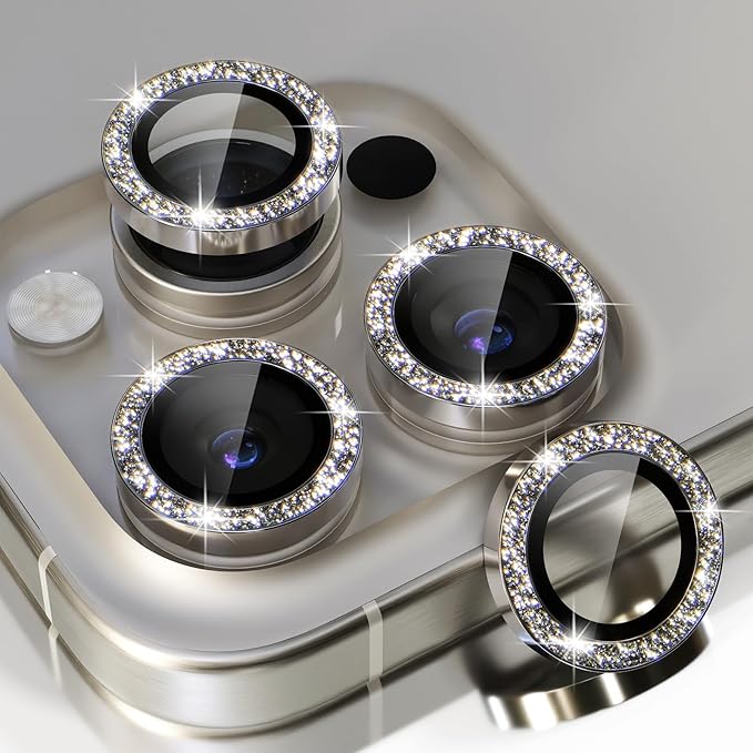 Choiche Compatible for iPhone 15 Pro/iPhone 15 Pro Max Camera Lens Protector Bling, 9H Tempered Glass Camera Cover Screen Protector Metal Ring Decoration Accessories (Glitter-Titanium Gray)