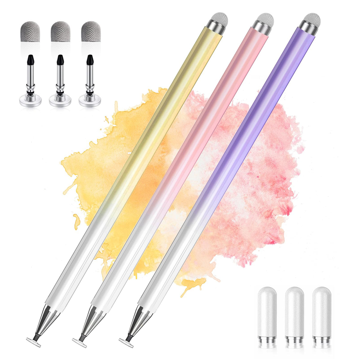 Stylus Pens for Touch Screens, 2 in 1 High Precision Universal Stylus Pen for iPad Compatible with Apple, iPhone, iPad, Android, Samsung Tablets, Phones, 3 Pack-Pink, Purple, Yellow