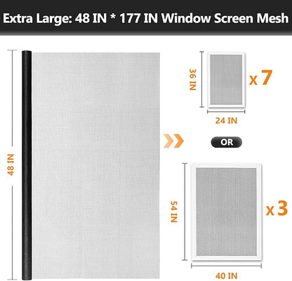 Window Screen Door Repair Kit, 48" x 177" Screen Door Mesh Replacement Kit, Durable Fiberglass Mesh Roll with Tools for Windows Doors Patio and Porch Replacement, Black