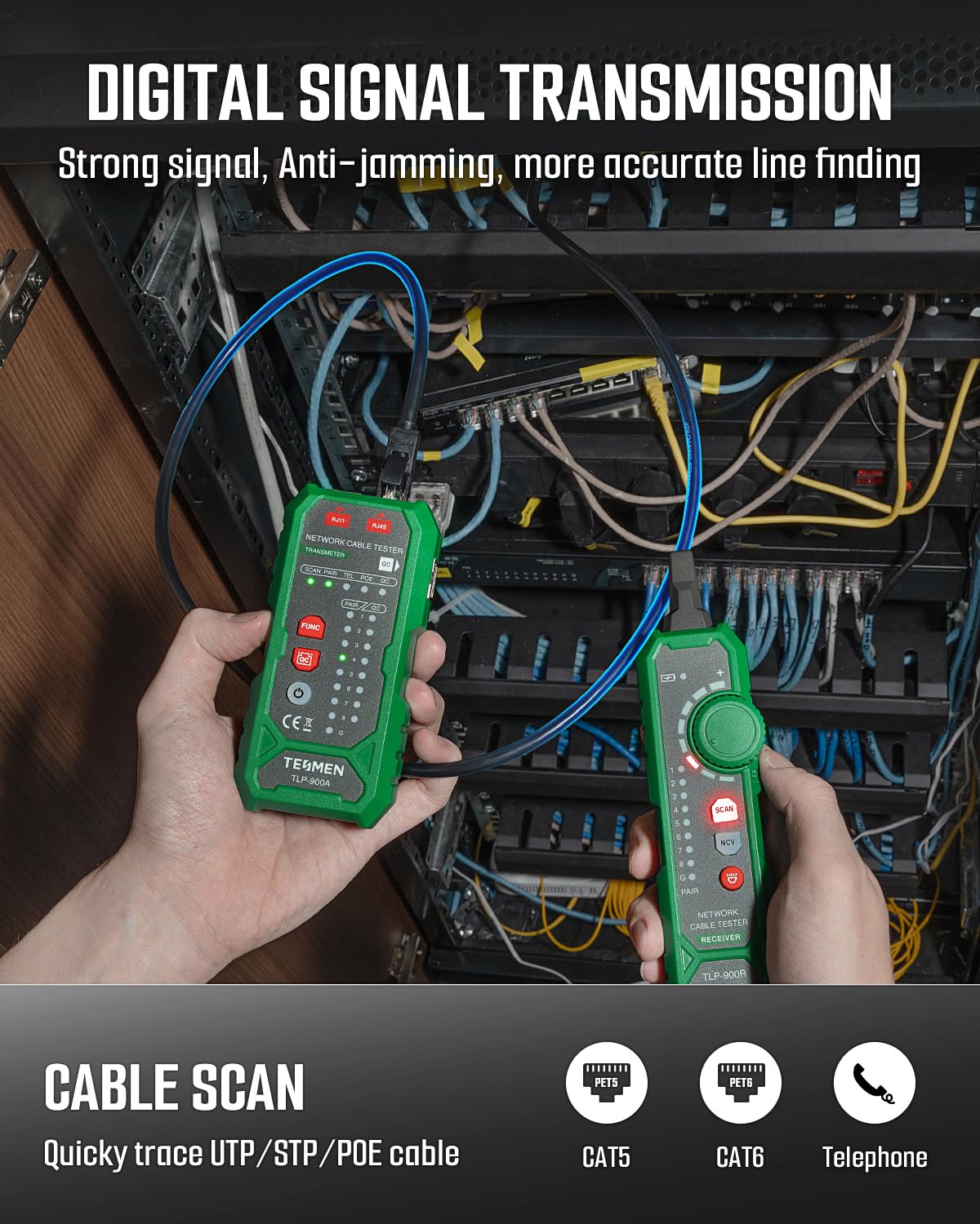 TESMEN TLP-900AR Network Cable Tester, RJ11 RJ45, for CAT5/6/POE/STP, Multi-function Cable Tracer with Pairing, Continuity, QC&NCV, Suitable for Ethernet, Telephone, Wire maintenance and sorting-Green