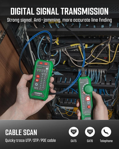 TESMEN TLP-900AR Network Cable Tester, RJ11 RJ45, for CAT5/6/POE/STP, Multi-function Cable Tracer with Pairing, Continuity, QC&NCV, Suitable for Ethernet, Telephone, Wire maintenance and sorting-Green