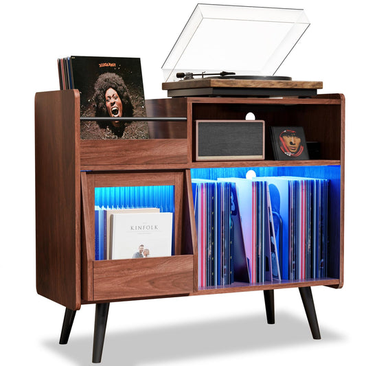 Large Record Player Stand with Sliding Door,350Vinyl Record Storage Cabinet