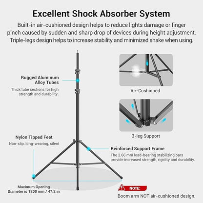 SmallRig Aluminum Light Stand 110"/9.2ft/280cm, Adjustable Photography Air-Cushioned Tripod Stand with 1/4" Screw for Softbox, Studio Light, Flash, Umbrella, Ring Light, Max Load 5kg, RA-S280A