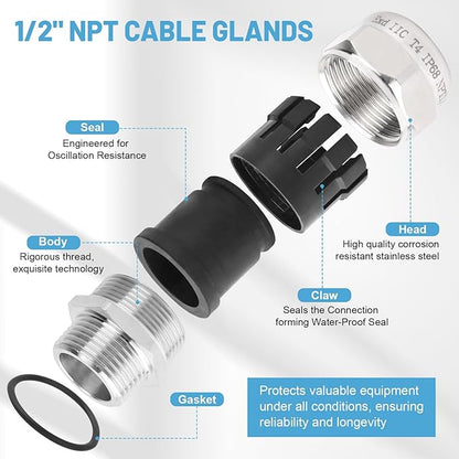NPT 1/2" Stainless Steel Waterproof Cable Gland IP68 Waterproof Cable Gland Adjustable 6-12mm Cable Gland Protectors - 2 Pcs