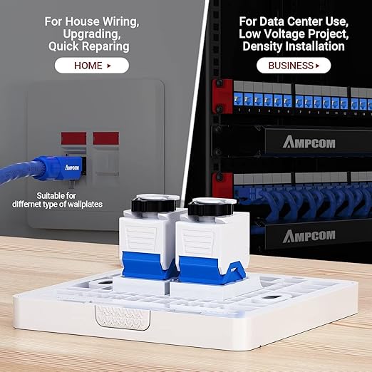 AMPCOM CAT6 RJ45 Keystone Jack - Reusable UTP Ethernet Wall Jack with Adjustable Ratchet Lock Design, No Tool and Zip Tie Required - 50u Gold Plated - Blue (2-Pack)