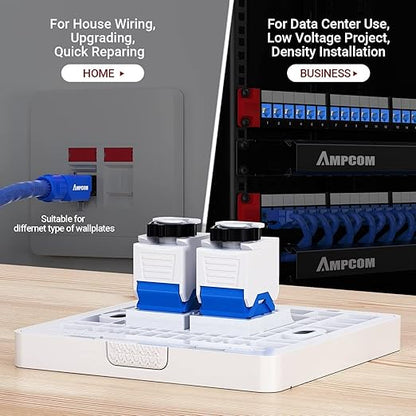 AMPCOM CAT6 RJ45 Keystone Jack - Reusable UTP Ethernet Wall Jack with Adjustable Ratchet Lock Design, No Tool and Zip Tie Required - 50u Gold Plated - Blue (2-Pack)