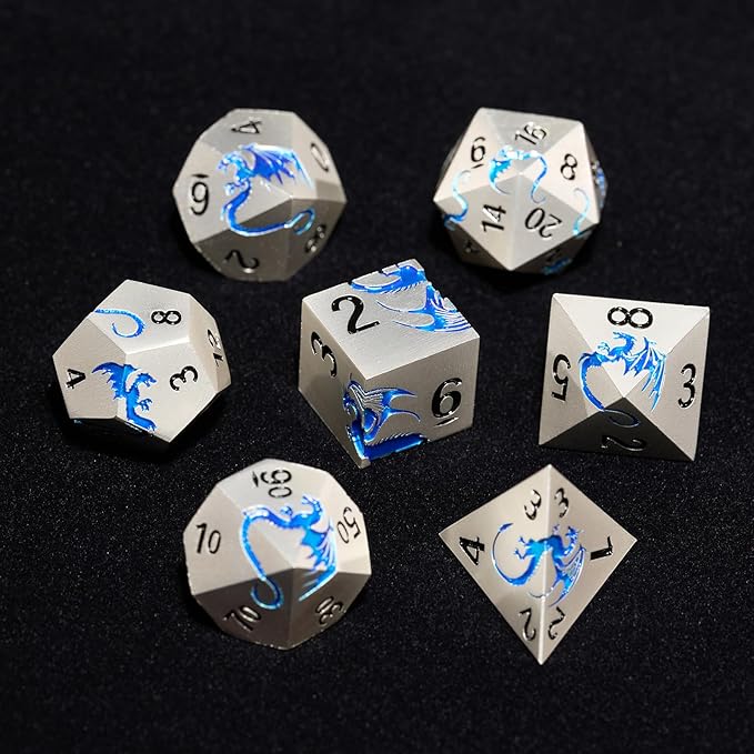 HNCCESG Metal Dragon DND Dice Set,7-Piece RPG Dice,Silver Blue