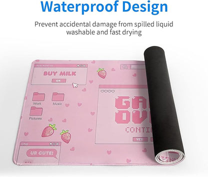 Pink Gaming Mouse Pad 31.5x11.8 Inch Pastel Game Over Large Mousepad Kawaii Office Decor for Women Non-Slip Rubber Base Stitched Edges Keyboard Mouse Mat Desk Pad for Office Home and Game