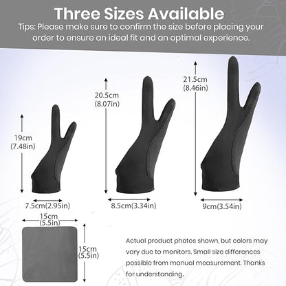 Digital Drawing Glove: 3-Layer Palm Rejection, Two-Finger Artist Glove for Drawing Tablet, iPad, Paper Sketching, Fits Left and Right Hand, Includes Cleaning Cloth(2 Pack,Black,Large)