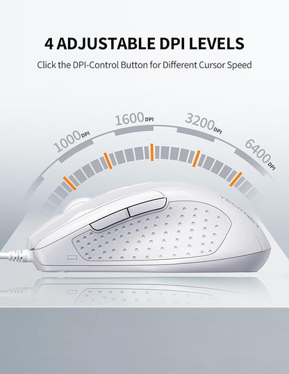 TECKNET USB Wired Mouse, 6-Button Corded Mouse with 4 Adjustable DPI, Optical Computer Mouse with Ergonomic Design and 5FT Cord for Laptop, Chromebook, PC, Desktop, Mac, Notebook-LT.White