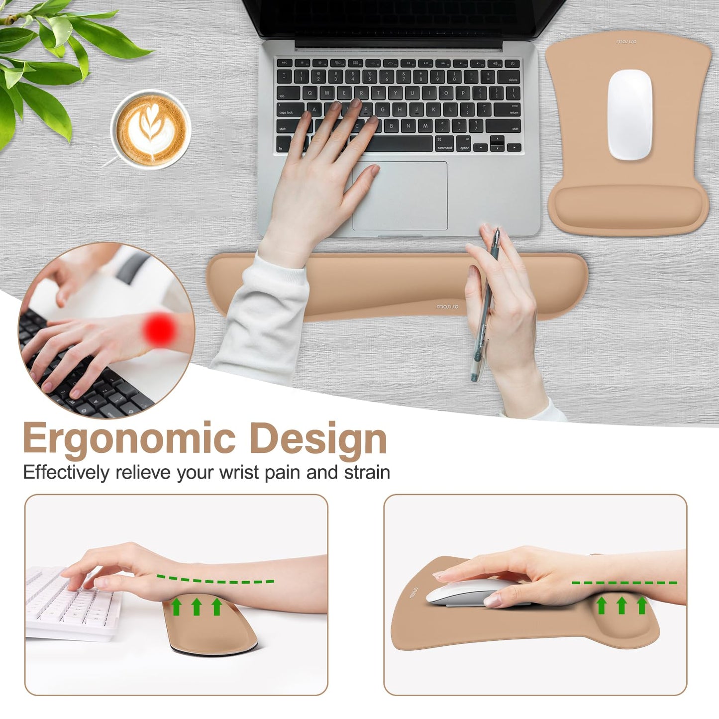 MOSISO Wrist Rest Support for Mouse Pad & Keyboard Set, Ergonomic Mousepad Non-Slip Base Home/Office Pain Relief & Easy Typing Cushion with Neoprene Cloth & Raised Memory Foam, Mocha