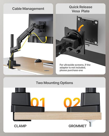 monTEK Ultrawide Monitor Arm Max 57",Height Adjustable 25.5",with USB，Black