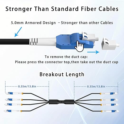 30M/100FT LC to LC Armored Outdoor Fiber Optic Cable, Single Mode Duplex 9/125μm SMF Fiber Patch Cord, OS1/OS2 Compatible, Black LSZH Jacket, Uniboot Jumper for FTTH, Data Center, Long-Distance Use