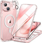 Miracase Glass Series for iPhone 15 Case [Compatible with MagSafe] Full-Body Magnetic Case with Built-in 9H Tempered Glass Anti-Fingerprint Screen Protector + Camera Lens Protector, Clear Pink