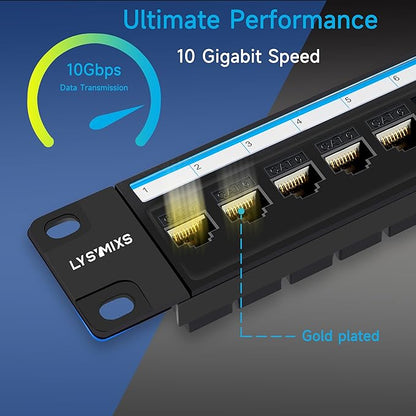 24 Port RJ45 Patch Panel Cat6 Feed Through, Coupler Network Panel 19 Inch, Inline Keystone Ethernet Patch Panel with Back Bar