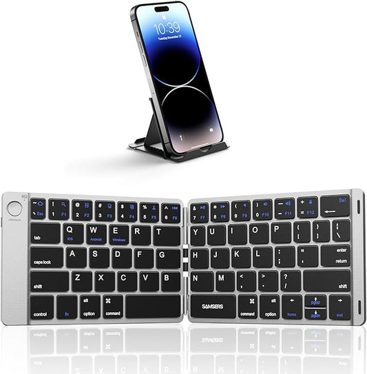 Samsers Foldable Bluetooth Keyboard - Portable Wireless Keyboard with Stand Holder, Rechargeable Full Size Ultra Slim Folding for iOS Android Windows Smartphone Tablet and Laptop, Silver