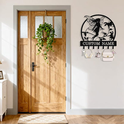 Personalized Fairy Key Holder Wall Mount, Custom Metal Key Rack Key Holder with Name, Deer Cabin Wall Keys Hanger with Hooks for Entryway, Front Door, Hallway, Kitchen, Living Room