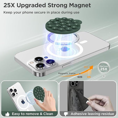 HSAOHD Magnetic Suction Cup Phone Mount, Compatible with MagSafe, Silicone Octo Cup Buddy Sticky Grip Holder for iPhone and Android, Removable Hands-Free Selfie/Video for TikTok, Alpine Green