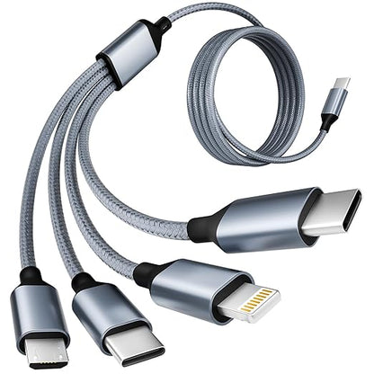 USB C Multi Charging Cable [1Pack 5FT], 4 in 1 Charging Cable Nylon Braided USB-C Multiple Charger Cord with Micro USB,IP Port and 2 Type C Adapter Port for iPhone 16/15 Series/Cell Phones and More