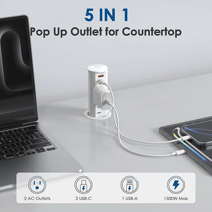 2 Inch Pop Up Outlet for Countertop,Power Grommet 2-inch Desk Wire Hole Insert,20W USB C,2 Outlets,2 USB C/1 USB A,Recessed Outlet,Desk Charging Station (White, 6 FT Cable)