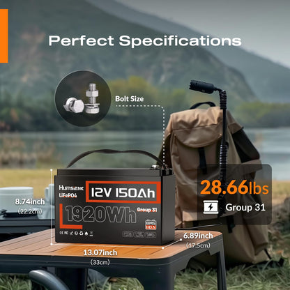HumsiENK 12V 150Ah LiFePO4 Lithium Battery BCI Group31 Bluetooth- Built-in 110A BMS, Deep Cycle Battery for Solar, RV, Marine, Off-Grid Applications - 15000+ Life Cycles, Safe & Lightweight