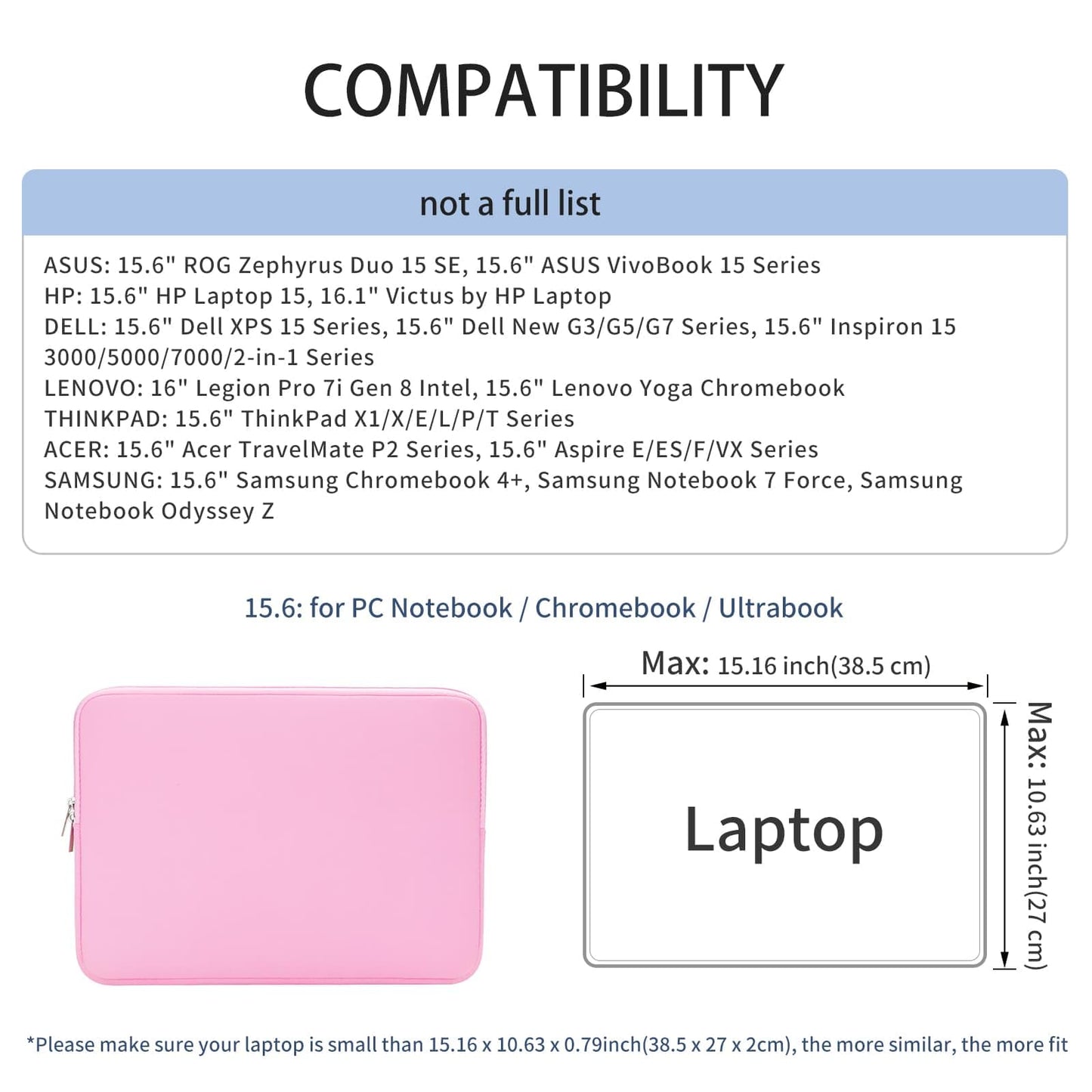 RAINYEAR 15.6 Inch Laptop Sleeve Case Soft Lining Padded Cover, Pink