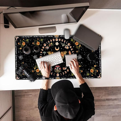 Moth Desk Pad Mushroom Phase Moon Phase Desk Mat, Boho Flowers and Leaves Computer Big Mouse Pad Washable Cloth Non-Slip Rubber Base Keyboard Pad Mouse Mat for Office with Stitched Eges 31.5x15.7 in
