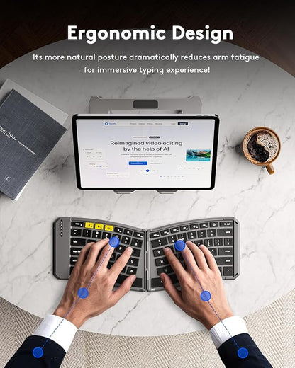 Samsers Ergonomic Foldable Keyboard, KE09U Folding Travel Bluetooth Keyboard with 6-Row Layout, Dual-Mode(2.4G+BTx2) Split Portable Design with USB Slot, for iPhone iPad Smartphone Tablet Laptop PC
