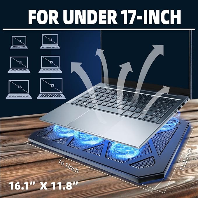 NAGAN Laptop Cooling Pad with 6 Fans, Ergonomic USB Powered Cooling Pad for Laptop with Dual USB 2.0 Ports, Height-Adjustable, Metal Mesh Gaming Notebook Cooler, Fits 14-17.3 inch Laptops
