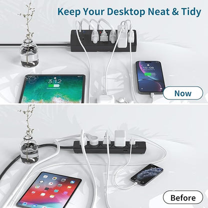 Desk Clamp Power Strip 2 USB C Desktop Mount Outlet Charging Station, 10FT Extension Cord Flat Plug with 6 AC, Removable 40W Fast Charging Surge Protector Power Strip Fits 1.8" Office Tabletop Edge