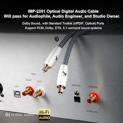 Digital Fiber Optic Audio Cable for Sound Bar Toslink Cord Male to Male 24K Gold Plated Connector Optical Audio Cable 6ft 10ft S/PDIF Glass Core, 6.56feet/2M IMP-2201