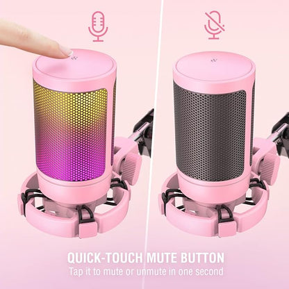 FIFINE Gaming USB Microphone Kit, PC Streaming Recording Computer RGB Microphone Set for Podcasting, Singing, YouTube, Condenser Cardioid Mic with Quick Mute, Gain Knob-A6T Pink